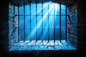 the sun is shining through the bars of a prison cell