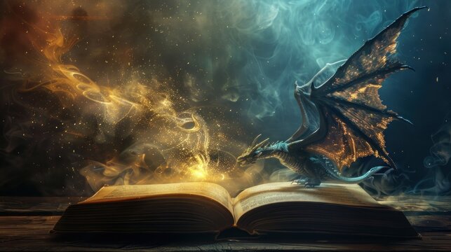 Opened Magic book with magical dragon on page