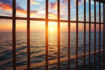 Afterglow of orange sunlight over water, as the sun sets behind bars