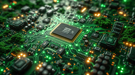 Obraz premium Electronics Circuit Board Machine Microprocessor Motherboard Processor, Integrated circuits, Capacitors, Resistances 
