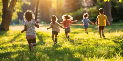 A group of diverse children play joyously in a sunlit park, running across the grass in a scene full of life and energy