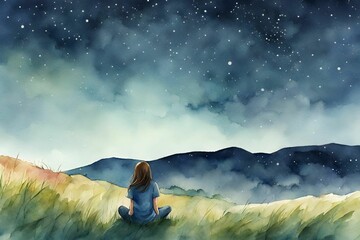 星空を見上げる女性　丘の上　夜空　水彩 - obrazy, fototapety, plakaty