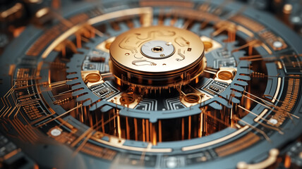 Detailed mechanical watch movement with golden elements on a high-tech background. High-resolution 3D render. Precision engineering and timekeeping concept.