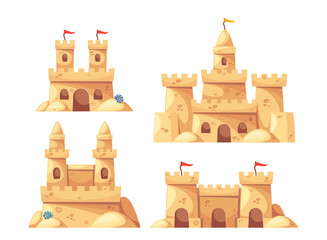 Collection Of Four Whimsical Sand Castles, Each Uniquely Designed With Flags, Intricate Towers, And Archways