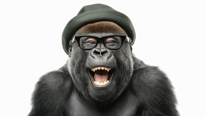 A cheerful humanoid gorilla. Clever laughing monkey in glasses.