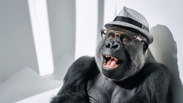 A cheerful humanoid gorilla. Clever laughing monkey in glasses.