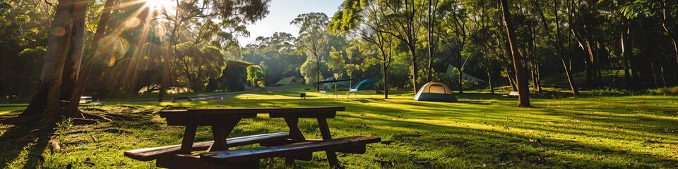 Obraz premium Serene Campsite with Tent and Wooden Table in Lush Park