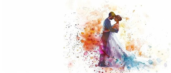 A lovely watercolor portrait of a joyful wedding dance, isolated minimal with white background