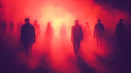   A group of people silhouetted against a foggy backdrop, red light emanating from behind them