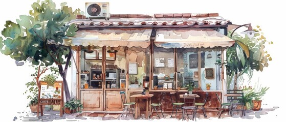 A lovely watercolor portrait of a cozy coffee shop, isolated with a white background