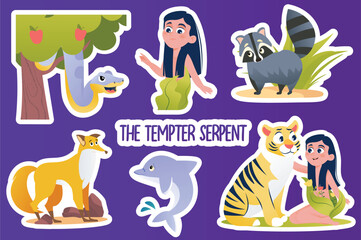Set of stickers The tempter serpent in flat cartoon design. This set of beautiful stickers depicts the first appearance of the serpent tempter before Eve. Vector illustration.