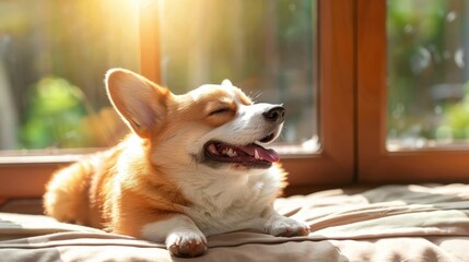   A small brown-and-white dog rests atop a bed by a sunlit window