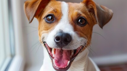   A brown-and-white dog with its mouth open, displaying its tongue