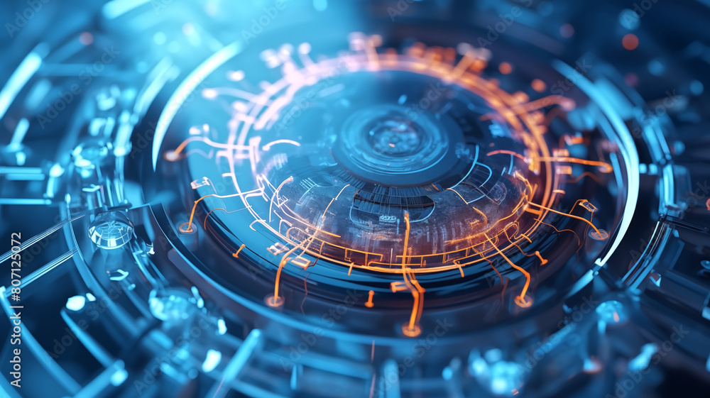 Poster close-up view of a futuristic, high-tech device with intricate blue and orange circuits and glowing 
