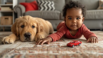   A small boy lies on the floor next to a dog with a tipping toy truck nearby and a red toy car in front of him