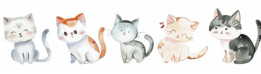 A set of kawaii watercolor cats in playful poses, isolated with a white background