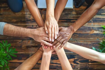 A group of young people with their hands together, forming the impression that they have come to...