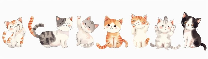 Fototapeta premium A set of kawaii watercolor cats in playful poses, isolated with a white background