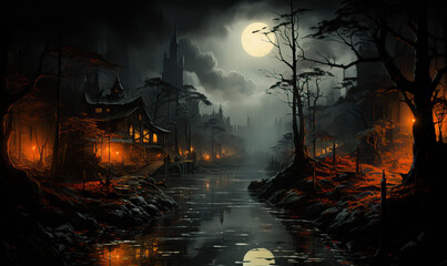 Dark Forest With River. Generative AI