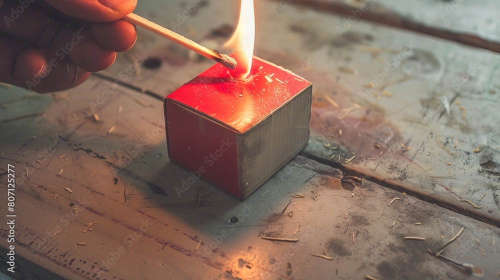 Poster illustration of a match being rubbed with a matchbox to ignite the flame, showing the side of the re