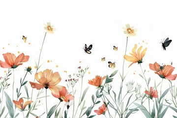 Naklejka premium A set of tiny clipart insects buzzing around spring flowers, isolated minimal with white background