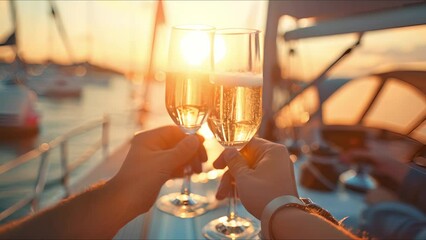 Group of friends having fun together and drinking champagne while sailing in the sea on luxury yacht, Traveling and yachting concept. Ai Footage.