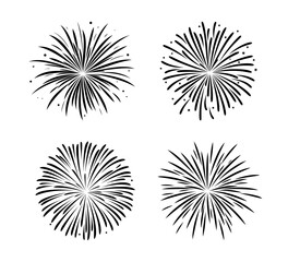 set of fireworks explosion silhouettes, isolated background