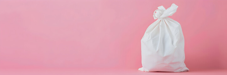 Laundry bag web banner. Laundry bag isolated on pink background with copy space.