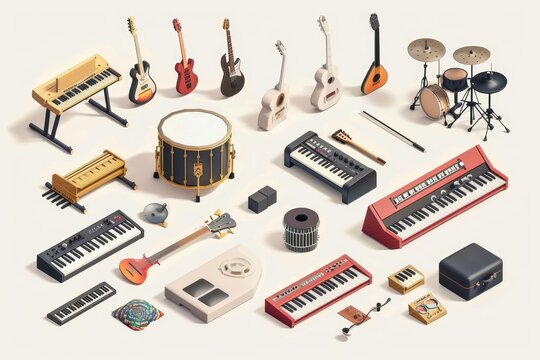 A small isometric collection of musical instruments, harmoniously arranged, displayed as a model isolated on a white background