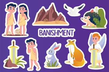 Set of stickers Banishment in flat cartoon design. This charming and colorful collection of stickers depicts the scene of Adam and Eve's expulsion from paradise. Vector illustration.