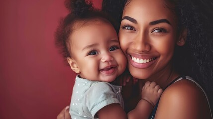   A woman smiles at the camera while holding a baby against a red backdrop