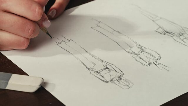 Young woman designer is drawing some clothes by pencil using ruler on white paper . The costume fashion designer making sketches for the work projects close-up. Drawing and sketching lessons