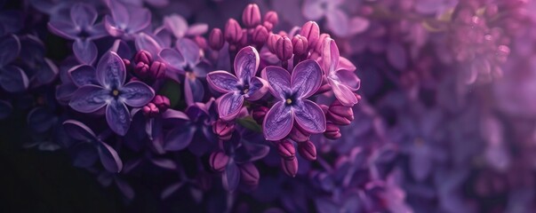 Obraz premium Lilac branch on a blurred violet background, banner with space for text