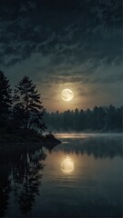 Sure, here is a description for an image combining moon and trees at night:

Dark night landscape with a full moon glowing through the trees