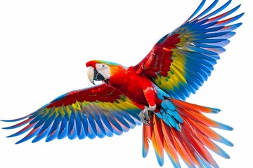 A tiny clipart of a colorful parrot in flight, futuristic simple detail clipart isolated white background