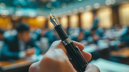 Close-up of a hand holding a fountain pen, implying intention, against a blurred backdrop of a classroom full of attendees