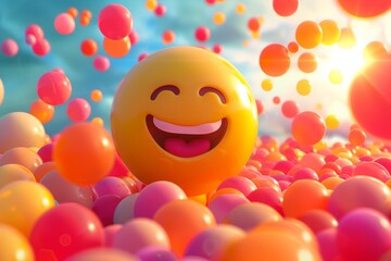 Joyful Emoji Among Colorful Spheres