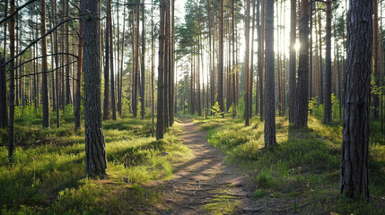 A lush rainforest with soft sunlight filtering through the trees.