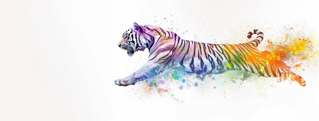 Fototapeta premium Colorful art watercolor splashes painting depicts, tiger jumping on white background