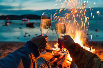 Night of celebration and party on the beach. Two people toasting with glasses of champagne in front of a bonfire and fireworks. Midsummer's Eve and beach party concept.