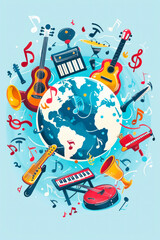 Colorful musical instruments and musical notes surround and orbit the planet Earth on a blue background. Concept June 21, European Music Day or Music Festival. Illustration.