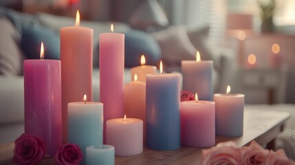   A wooden table holds a arrangement of pink and blue roses, accompanied by lit candles