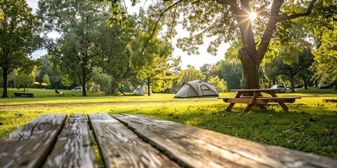 Serene Campsite with Tent and Wooden Table in Lush Park