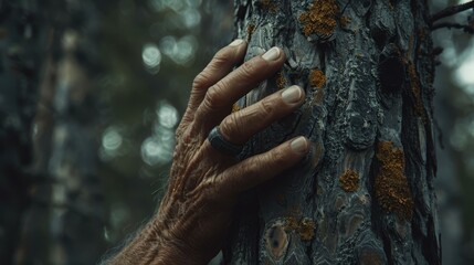   A hand rests next to a tree, adorned with lichens..Lichens cover both the tree bark and the palm