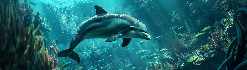 Amazing of an aquatic animal, showing a dolphin as a tour guide in an underwater city, with something on hand, set in a submerged Atlantis, Sharpen banner cinematic with copy space