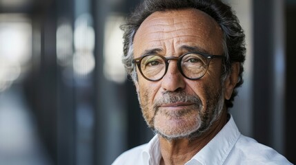 Fototapeta premium A tight shot of an individual in a white shirt and black tie, wearing glasses, against a backdrop of a buildings