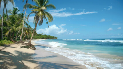 The sandy beach has coconut trees and the blue sea has strong waves.