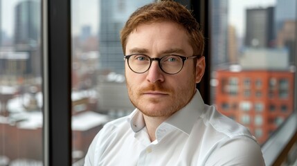 Fototapeta premium A man in glasses faces a window, cityscape depicted behind