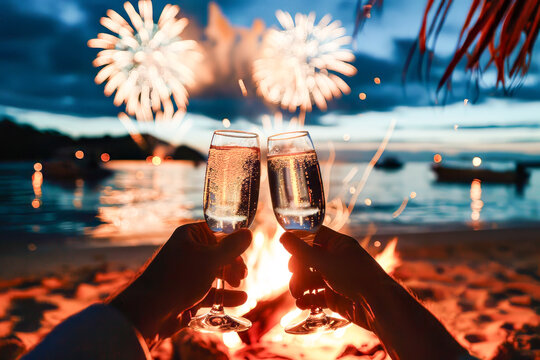Midsummer's Eve and beach party concept. Two people toasting with glasses of champagne in front of a bonfire and fireworks. Night of celebration and party on the beach.