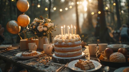 Fototapeta premium A birthday cake with balloons and gifts on a table in a forest, a tea set, and flowers. A happy family is having an outdoor picnic to celebrate their child's first year of life,Joyful Family Picnic 